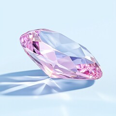 A stunning pink gemstone gleaming against a soft blue background, showcasing its facets and brilliance.