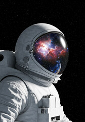 An astronaut in a space suit, with galaxies and nebulae reflected in the helmet 