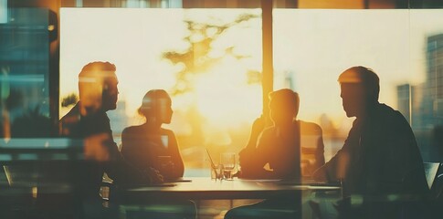 Business team meeting, silhouette of business people in an office conference room sitting around a table discussing work together. Abstract blurred background with a double exposure effect