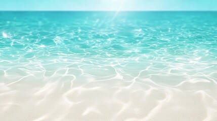 A serene view of clear turquoise water gently lapping against a sandy shore, under a bright, sunlit sky.