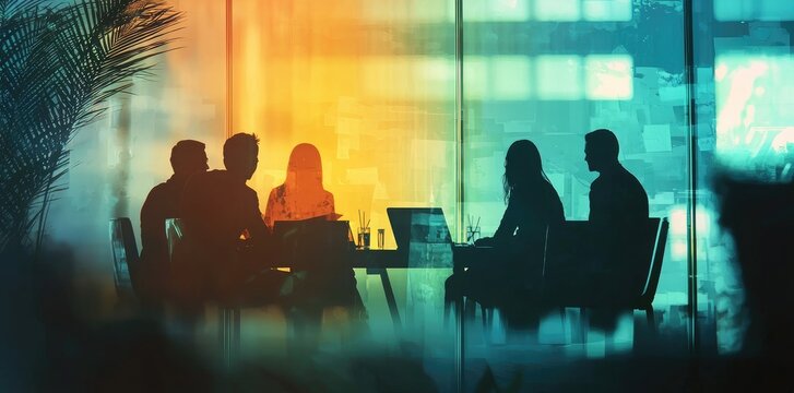 Business team meeting, silhouette of business people in an office conference room sitting around a table discussing work together. Abstract blurred background with a double exposure effect
