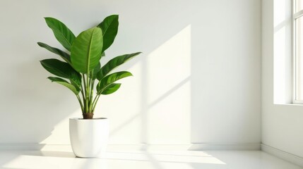 Serene Indoor Plant in a Minimalist White Pot, Basking in Sunlight by a Window