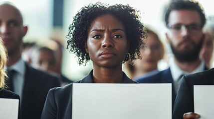 Diverse group of determined employees holding blank protest signs at workplace, advocating for change and unity in corporate environment. Workplace activism and social justice concepts.