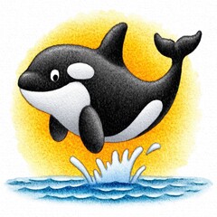 Playful Orca Whale Leaping at Sunset Ocean Water Splash Illustration