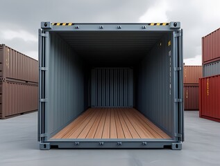 Interior view of a steel cargo container with doors wide open, ready for storage, transport, or modification


