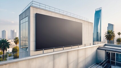 Modern Building with Blank Vertical Billboard Mockup in Urban Cityscape