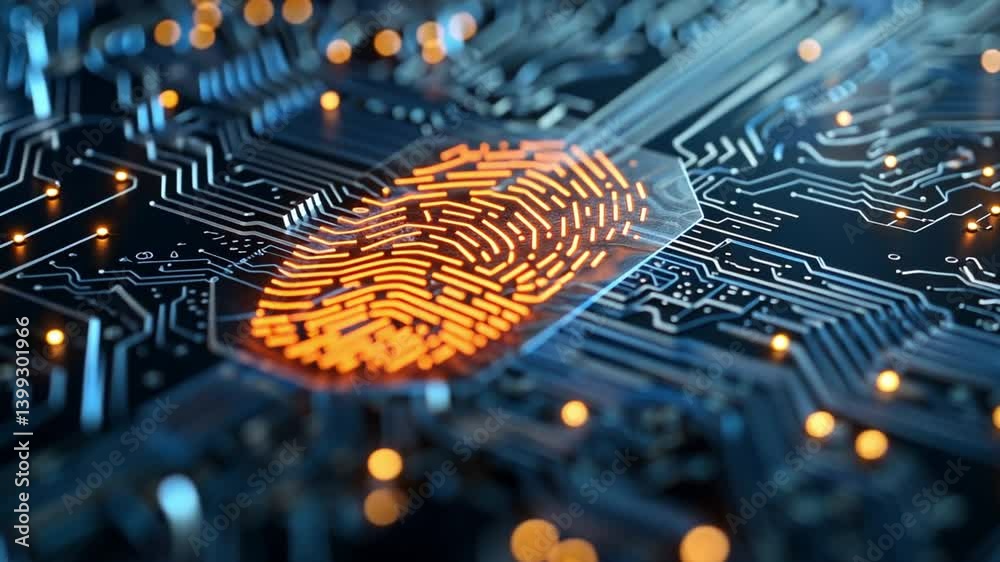 Poster close up of fingerprint sensor on circuit board digital innovation in security technology and electr