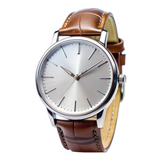 A sophisticated silver-toned wristwatch with a classic brown leather strap, reflecting understated elegance and timeless style against a clean white backdrop.