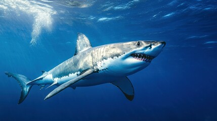 Fototapeta premium A great white shark glides through the deep blue ocean.
