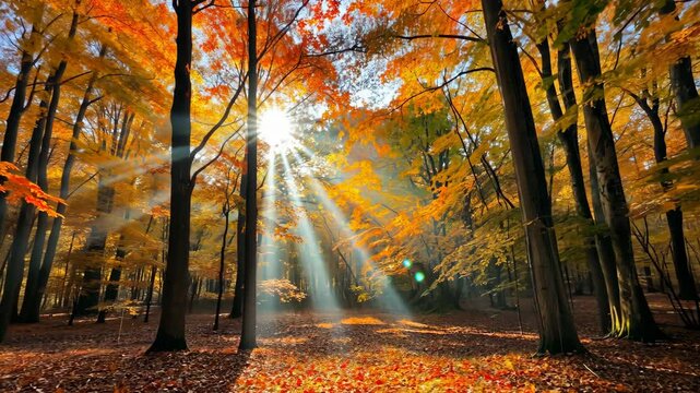 Sunbeams through autumnal trees with colorful foliage and leaf covered forest floor in bright vivid scene
