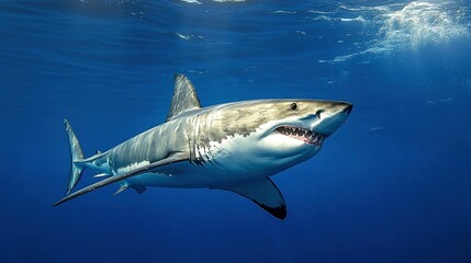 Fototapeta premium Majestic great white shark glides through the deep blue ocean.