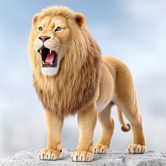 Obraz premium Powerful Roaring Lion with a Thick Mane on a Rock