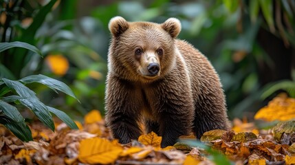 Fototapeta premium Adorable Brown Bear Cub in Autumn Forest