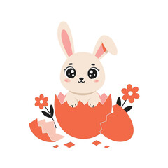 Spring's Arrival: A charming bunny peeks out from a vibrant cracked egg amidst delicate flowers, heralding the joyful spirit of springtime, perfect for children's designs.