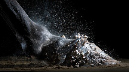 Close-up of a horse's hoof striking the ground, creating a dramatic spray of dirt in motion.
