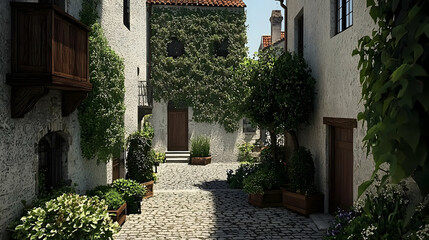 Naklejka premium Quaint European Village Alleyway with Lush Gardens