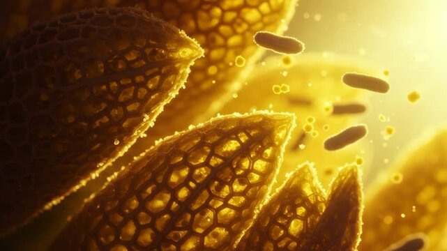 Golden pollen grains microscopic view detailed texture