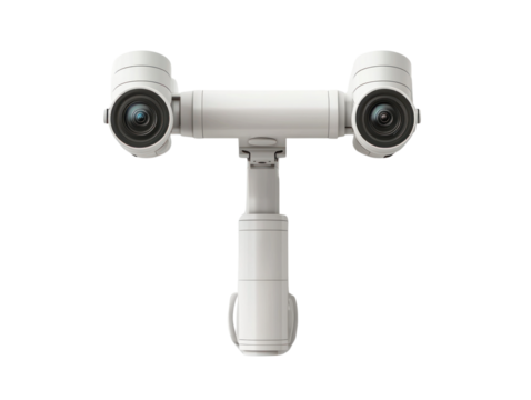 Office equipment action dual camera device cutout background for creative use in modern workspace