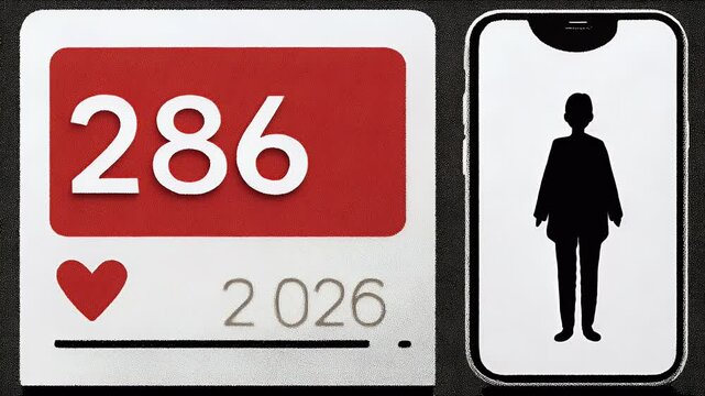 A social media likes counter displays '286'. A phone displays a simple silhouette. Contrasting concepts in black and white