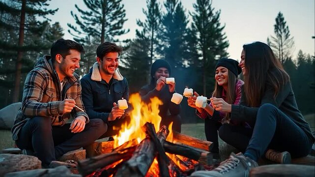Friends Gathered Around Campfire Roasting Marshmallows Under Evening Sky