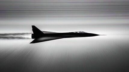 Silhouette of a jet soaring through the sky at high speed, breaking the sound barrier