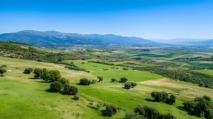 Fototapeta premium Scenic Valley Landscape With Rolling Hills And Green Fields
