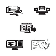 Set of 5 outline icons related to digital marketing vectors symbol . Linear icon collection. Editable stroke. Vector illustration