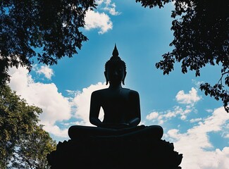 Seated Figure Meditating with Cloudy Sky and Trees