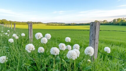 Naklejka premium White flowers by a rustic fence in a green field under a clear sky