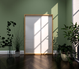 Frame mockup, ISO A0 paper size. Living room wall poster mockup. Interior mockup with house background. Modern interior design. 3D render	