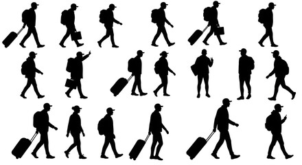 Travelers Walking Silhouettes with Luggage Bags for Tourism and Transportation