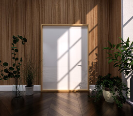 Frame mockup, ISO A0 paper size. Living room wall poster mockup. Interior mockup with house background. Modern interior design. 3D render	
