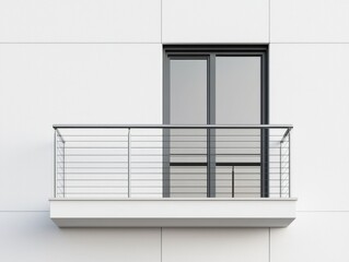 Modern balcony design with sleek railing and large glass doors on a minimalist exterior.