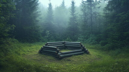 Fototapeta premium Stacked pine and spruce logs in a forest clearing, a serene woodland scene of natural harmony.