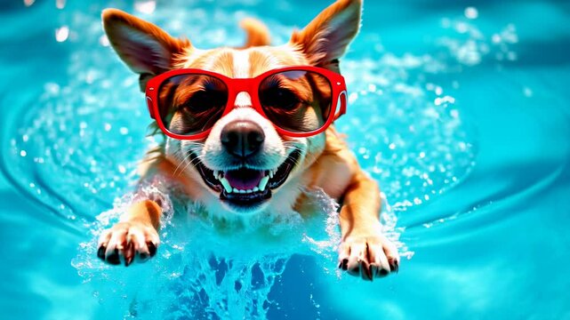 Cute funny dog wearing in red sunglasses floating in swimming pool. Happy pet swim in ocean or sea. Animals play in splashing water. Travel, tropical vacation, summer holiday concept.