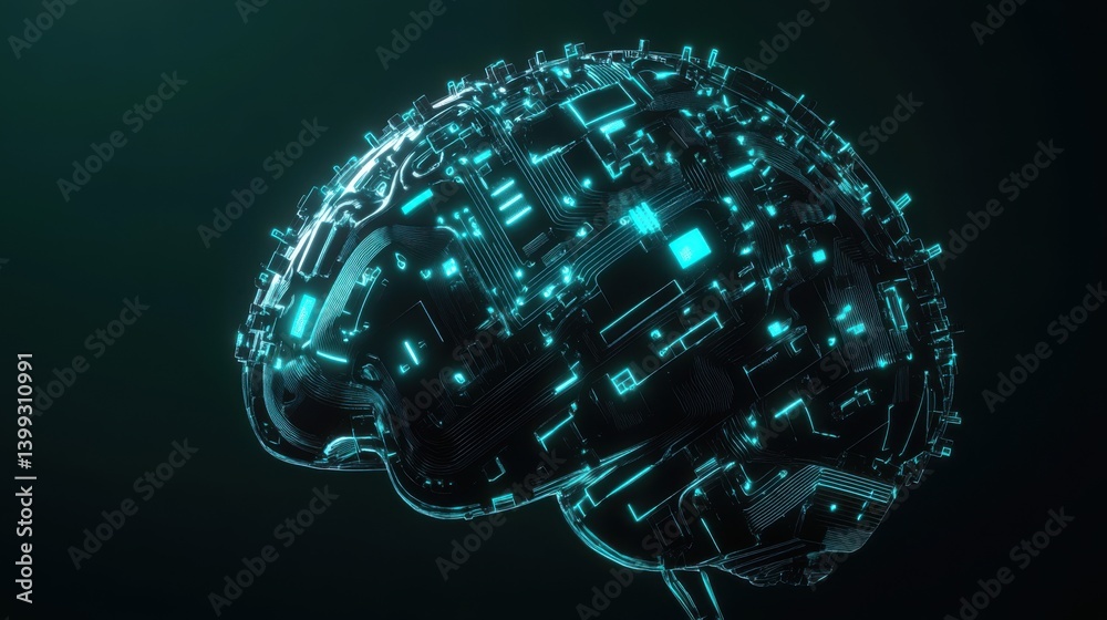 Poster a digital representation of a brain, integrated with circuit patterns, symbolizing technology and ar