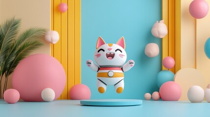 A joyful 3D animated robotic cat pet, playfully leaping in a vibrant pastel studio scene, embodies cheerful technology and friendly AI interaction perfect for children's apps or