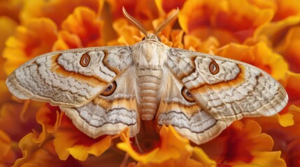 A close-up of a moth resting on vibrant orange flowers, showcasing intricate patterns.