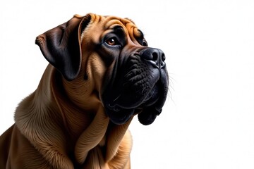 Fototapeta premium Imposing mastiff, head tilted, pure white backdrop, nose, white background photography