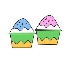 Two cartoon ice cream cups with blue and pink frosting