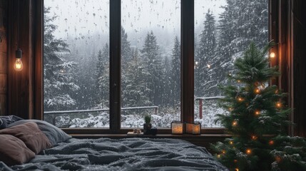 A cozy winter bedroom with a snowy forest view and christmas tree.