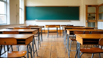 Empty Classroom Interior with Wooden Desks and Green Chalkboard