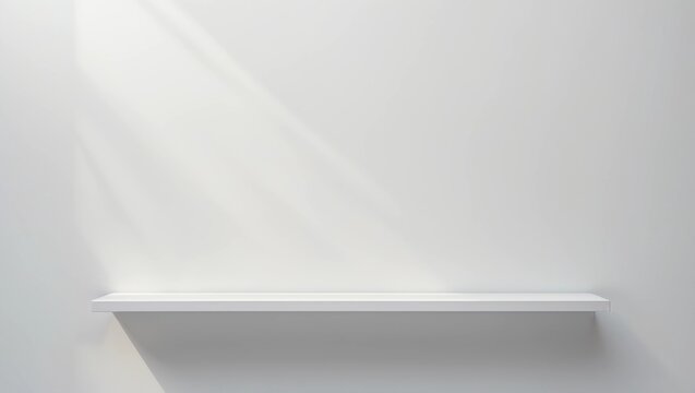 Front view of empty shelf on white table and wall background with modern minimal concept. Display of backdrop shelves for showing. Realistic 3D render 