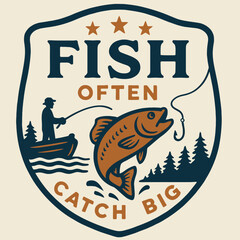 Fishing Adventure Badge Graphic with Jumping Fish and Fisherman Silhouette