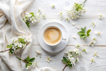 White Cup of Coffee, White Flowers, and White Soft Fabric on White Wood Table Top