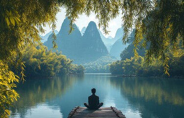 Serene moment: A person finds peace meditating by a tranquil lake, surrounded by lush greenery and majestic mountains.