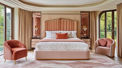 Fototapeta premium A luxurious, peach-toned bedroom suite with a plush bed and accent chairs.