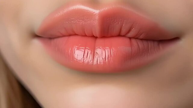 The lips of a young teenage beauty with wonderful thin lips, covered with high quality rosy lipstick, which start smacking and spreading the rosy tint evenly,closeup shot, generative AI
