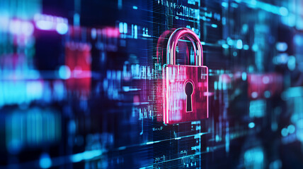 digital padlock symbolizes cybersecurity and data protection vibrant, high tech environment. glowing lock stands out against