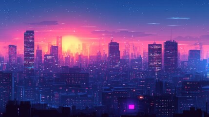 Obraz premium A vibrant city skyline at sunset, featuring tall buildings and a colorful sky filled with shades of pink and blue.